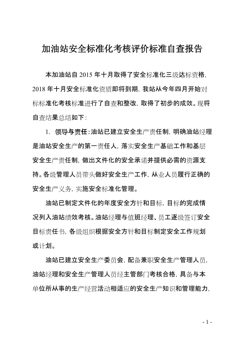 加油站安全标准化考核评价标准自查报告.doc_第1页