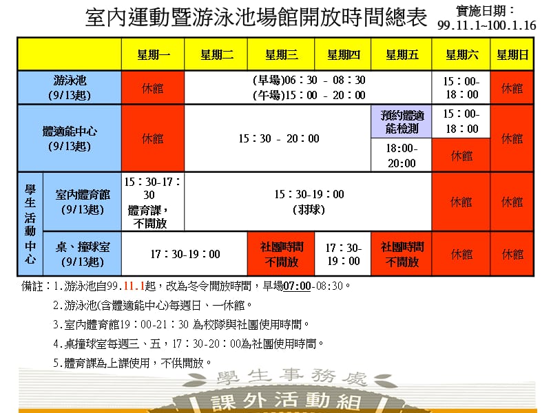 室内运动暨游泳池场馆开放时间总表.ppt_第1页