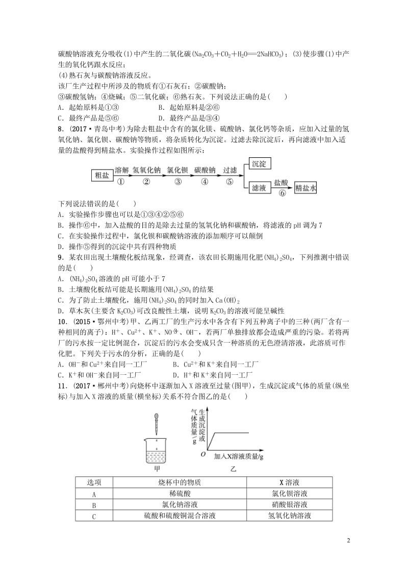 山东诗营市2018年中考化学复习第十一单元盐化肥随堂演练练习20190115331.doc_第2页