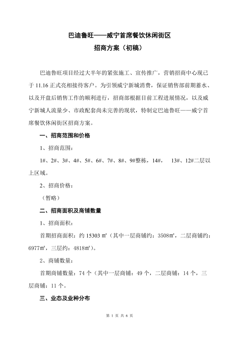 2019年巴迪鲁旺威宁首席餐饮休闲街区招商方案.doc_第1页