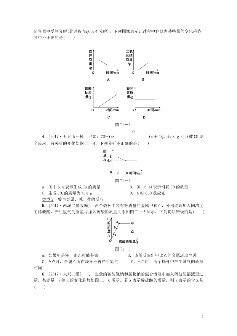 北京市2018年中考化学基础复习题型突破一坐标图像练习20190114167.doc_第2页