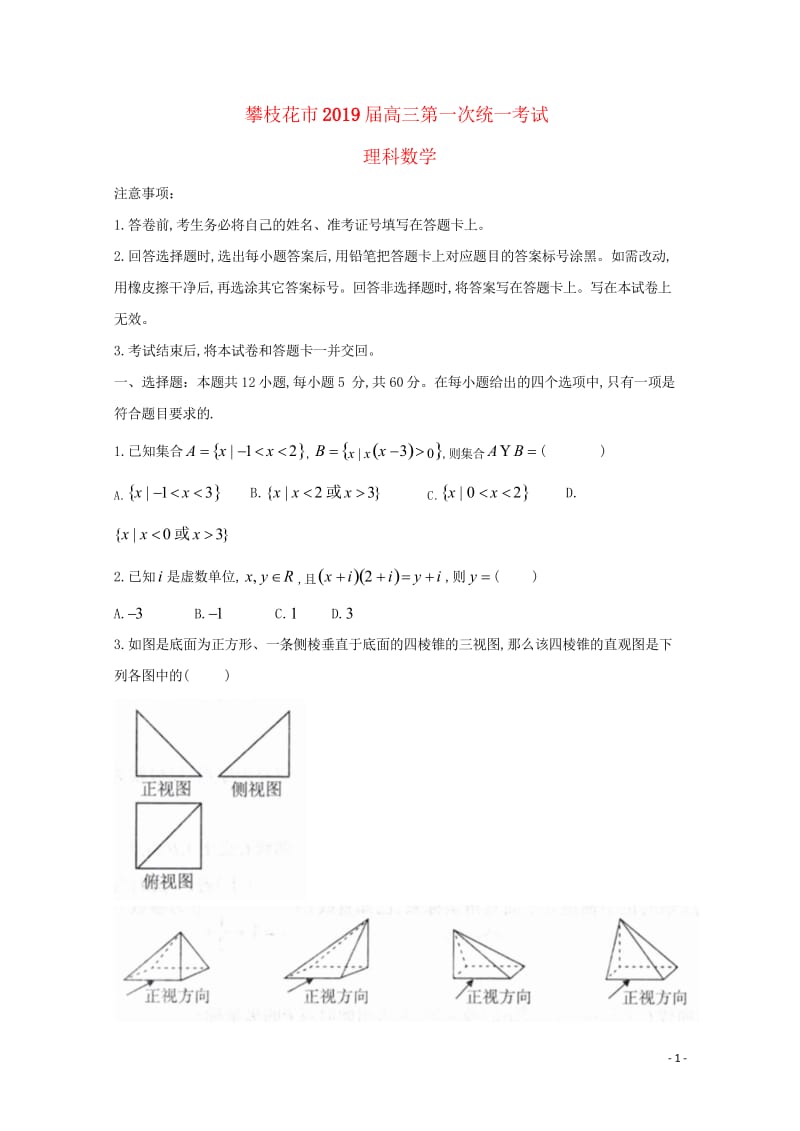 四川省攀枝花市2019届高三数学上学期第一次统一考试试题理2019020201181.wps_第1页