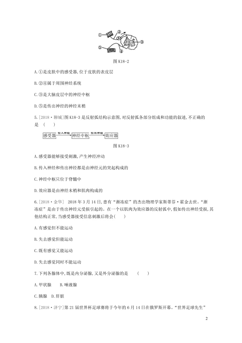 2019年中考生物专题复习四生物圈中的人课时训练18神经调节与激素调节人类活动对新人教版20190111488.docx_第2页