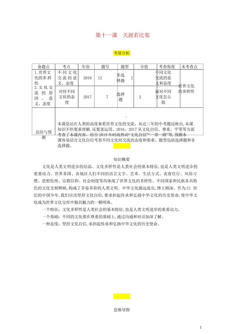 四川省宜宾市2019年中考道德与法治总复习九下第4单元漫步地球村第11课天涯若比邻习题教科版2019.wps_第1页