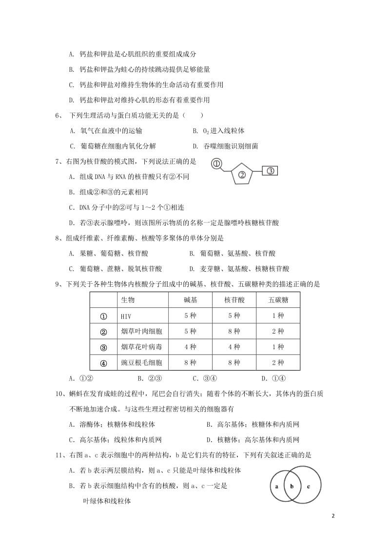 广东省揭阳市惠来县第一中学2018_2019学年高一生物上学期第二次阶段考试试题无答案201812290178.doc_第2页