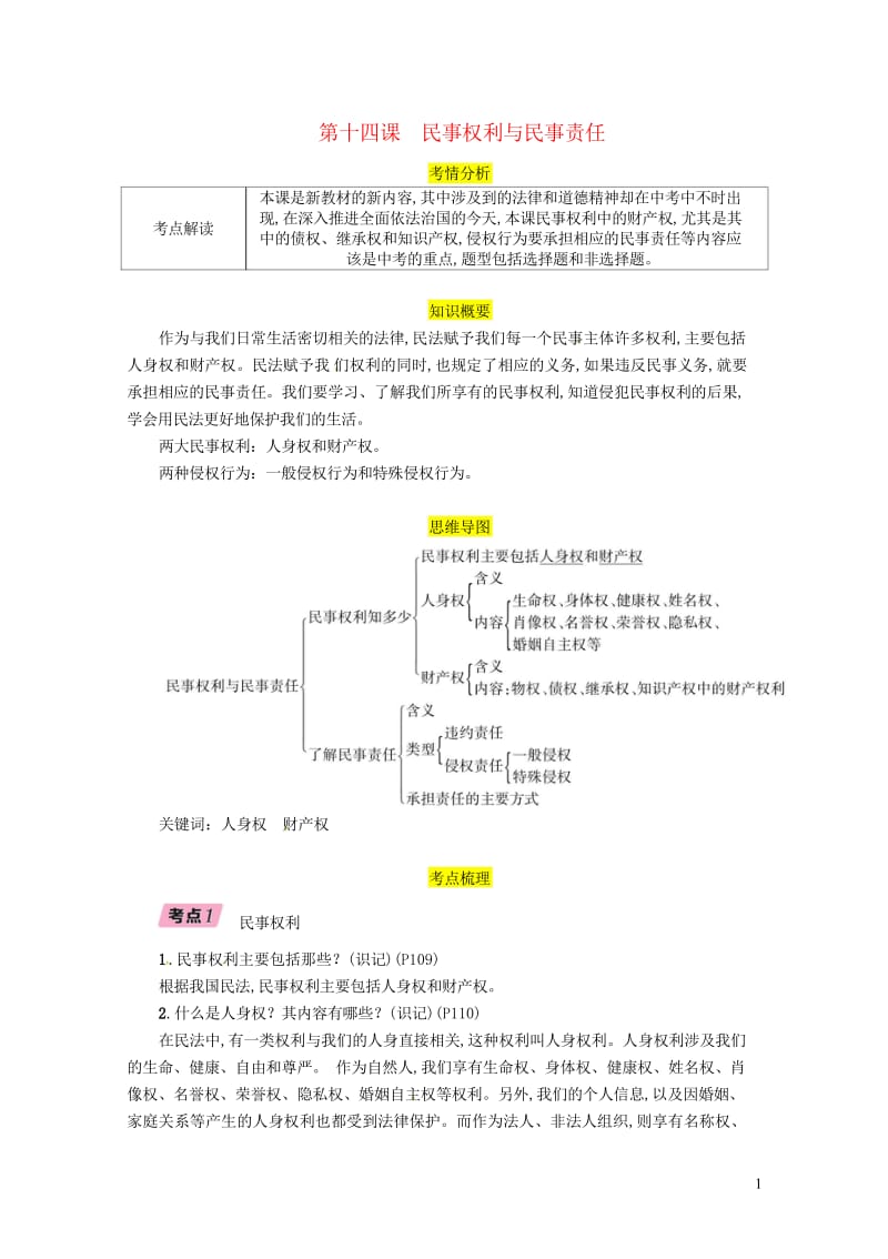 四川省宜宾市2019年中考道德与法治总复习九上第5单元走近民法第14课民事权利与民事责任习题教科版2.wps_第1页