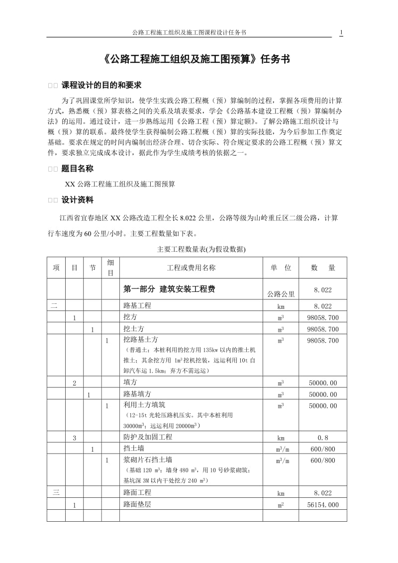 公路工程施工组织及施工图预算任务书2009.doc_第1页