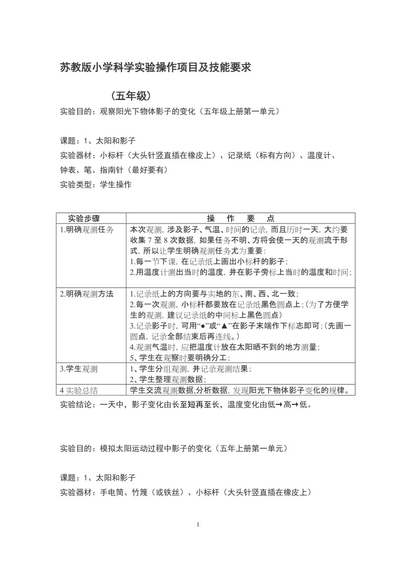 苏教版小学科学实验操作项目及技能要点五年级.doc_第1页