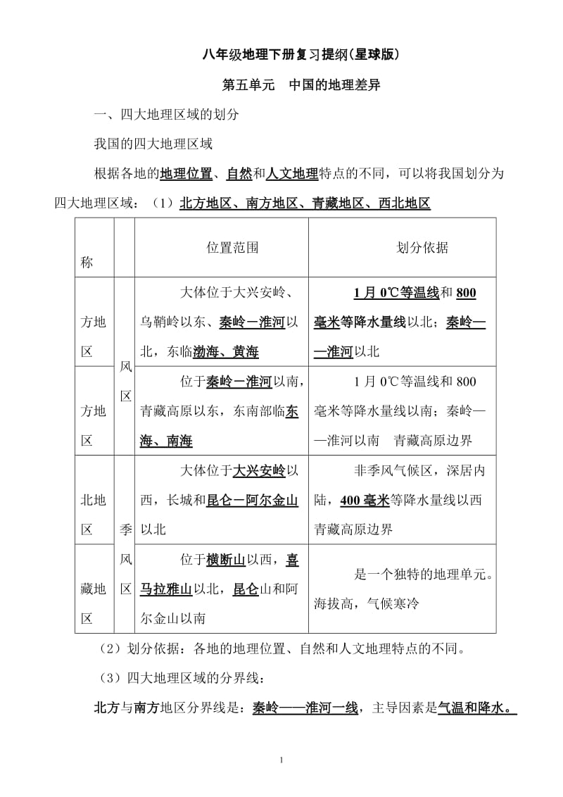 星球版八年级地理下册复习提纲.doc_第1页