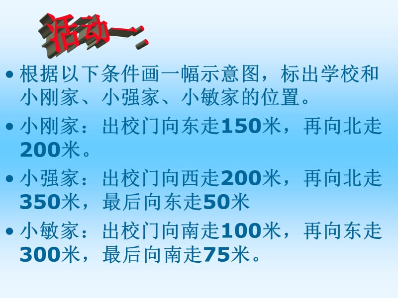 根据以下条件画一幅示意图标出学校和小刚家小强家小.ppt_第2页