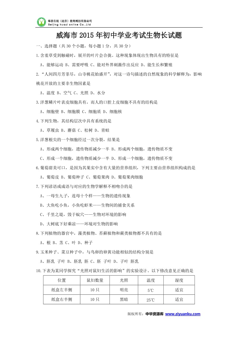 山东省威海市2015年初中学业考试生物试题(word版含答案).doc_第1页