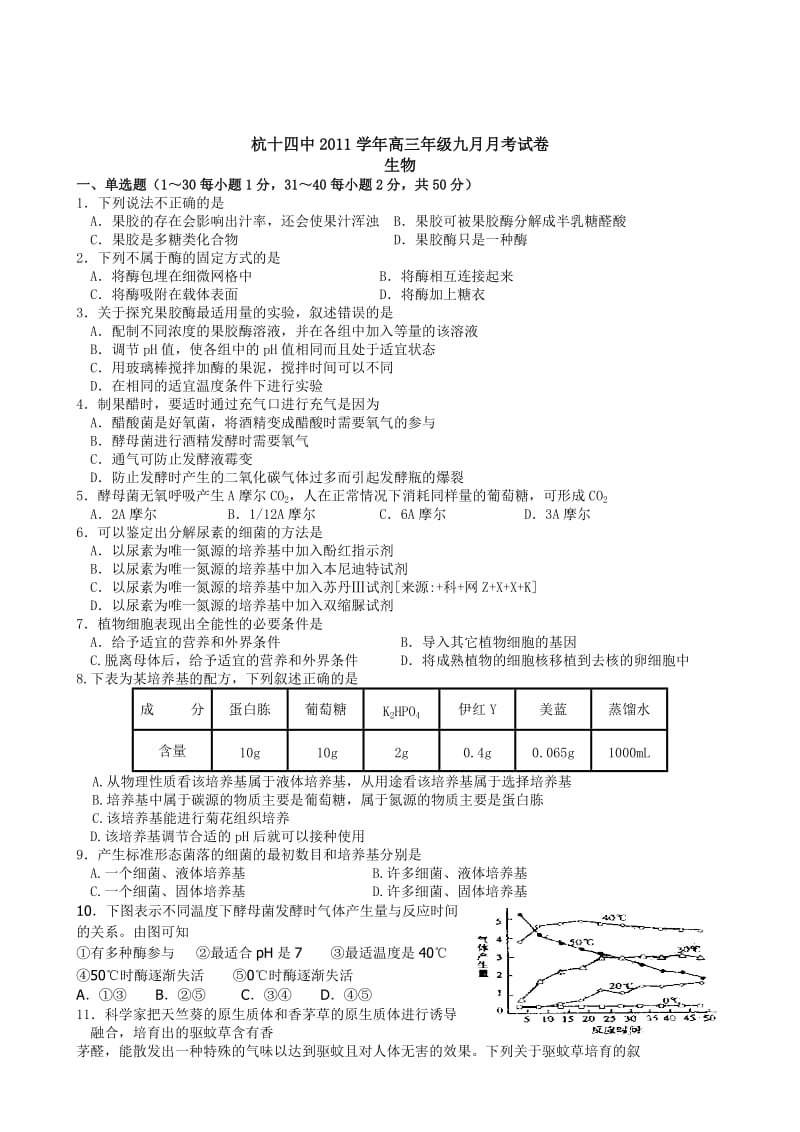 浙江省杭州十四中2012届高三9月月考生物试题.doc_第1页