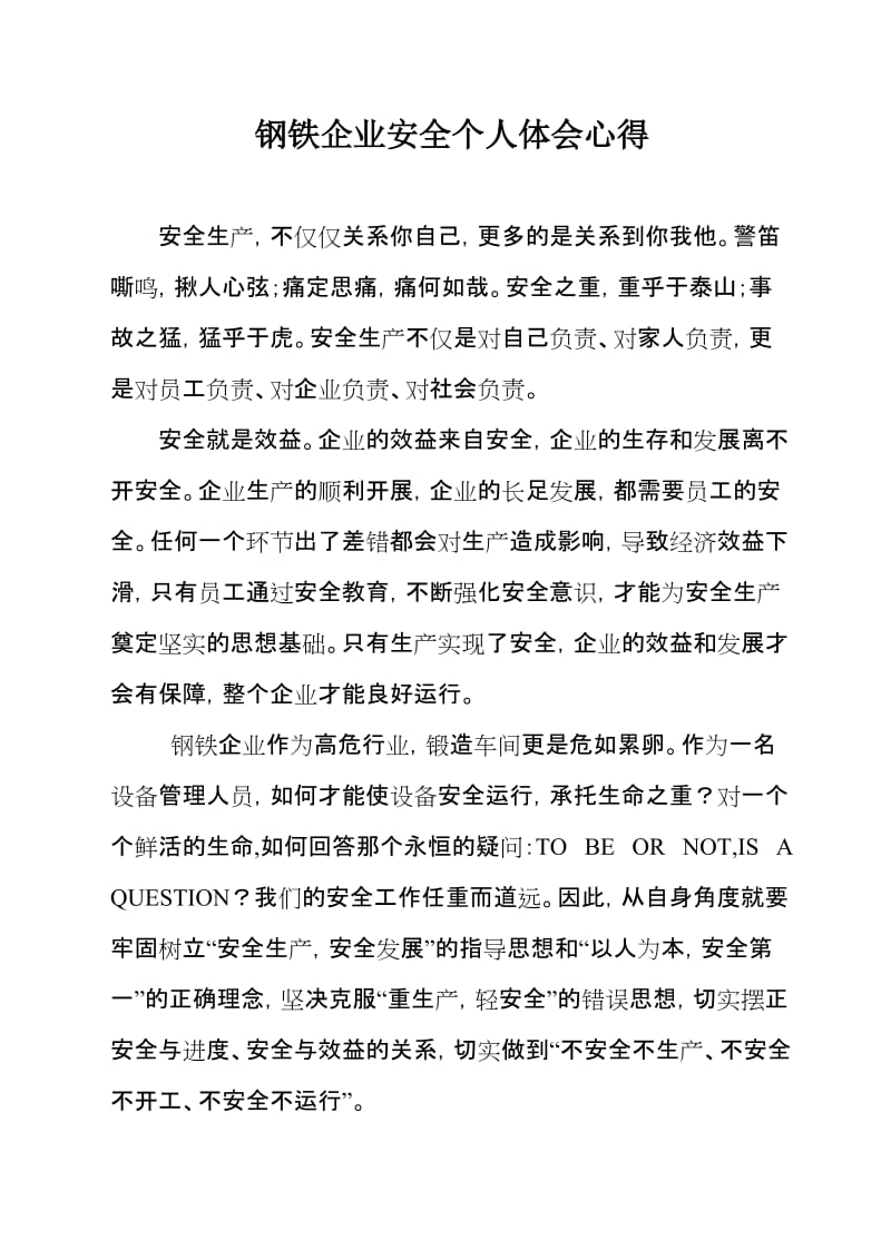 钢铁企业安全个人体会心得.doc_第1页