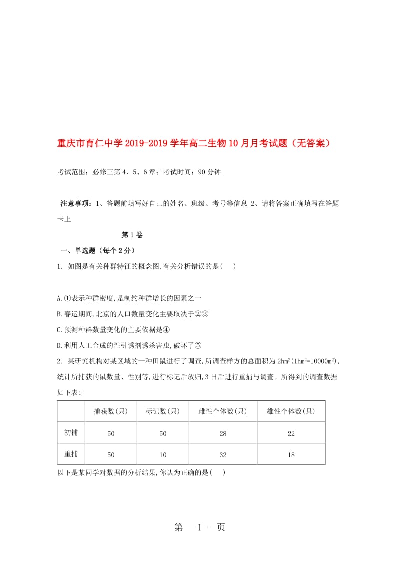 重庆市育仁中学高二生物10月月考试题.doc_第1页