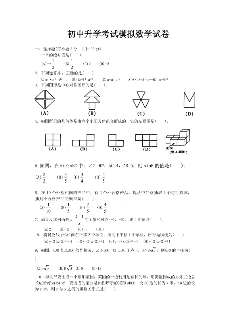 初中升学考试模拟数学试卷.doc_第1页