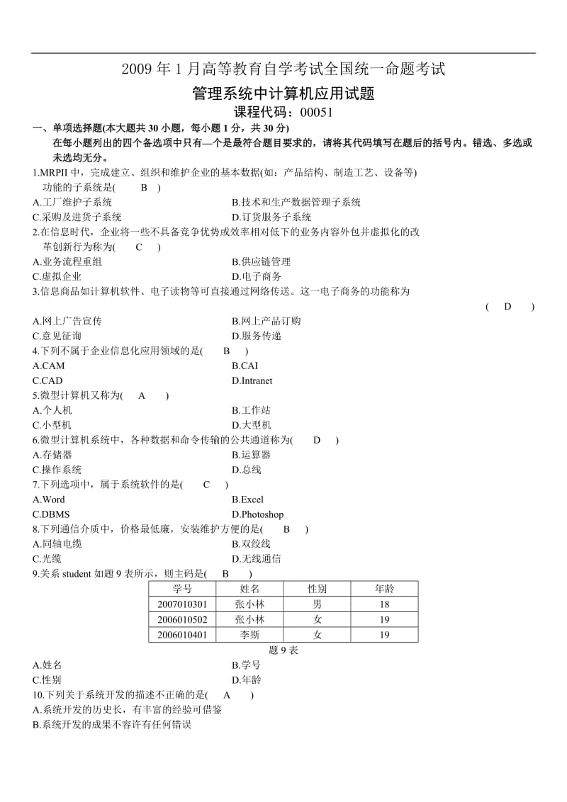 自考管理系统中计算机应用00051历年试题及答案09年1月-12年10月.doc_第1页