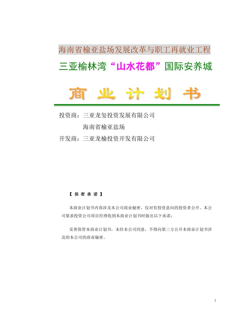 三亚榆林湾“山水花都”国际安养城商业计划书47p.doc_第1页