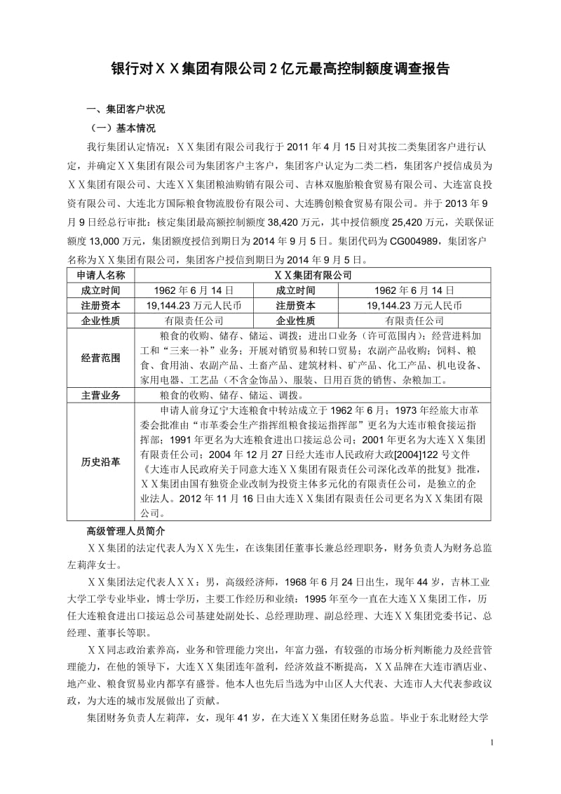 银行对ⅩⅩ集团有限公司2亿元最高控制额度调查报告.doc_第1页