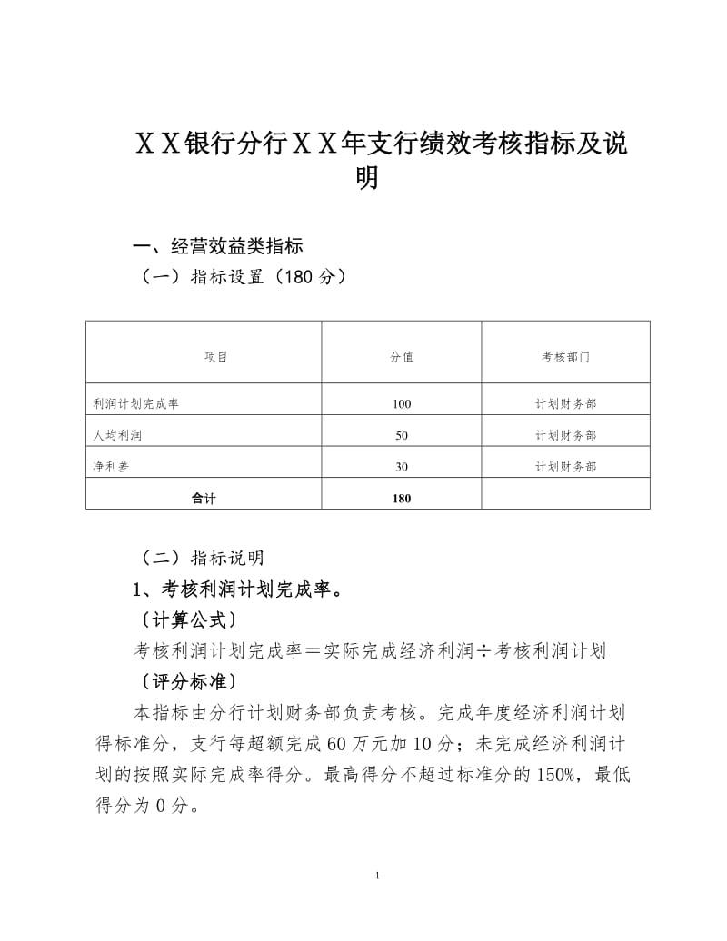 银行分行ⅩⅩ年支行绩效考核指标及说明.doc_第1页