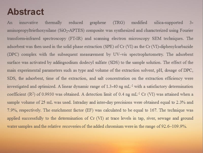 用新型的二氧化硅改性的热还原石墨烯为吸附剂采用固相萃取法和紫外可见分光光度法痕量测定环境水样中的铬vi含量.ppt_第2页
