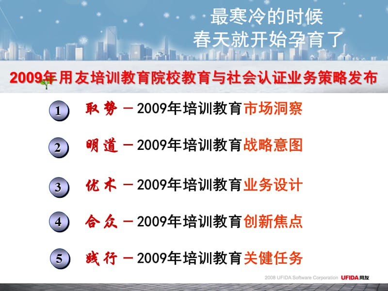 用友工作计划总结：2009培训教育事业部市场工作计划.ppt_第2页