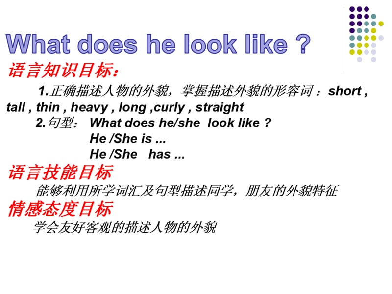 人教版七年级下册英语《Unit9 What does he look like》课件.ppt_第2页