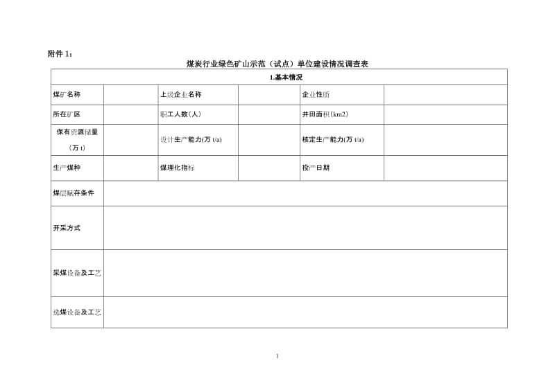 煤炭行业绿色矿山示范（试点）单位建设情况调查表.doc_第1页