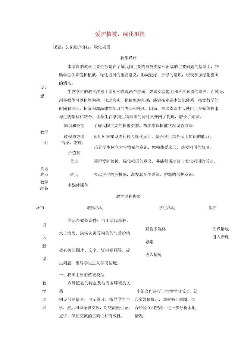 七年级生物上册3.6爱护植被绿化祖国教案新版新人教版20170811269.wps_第1页