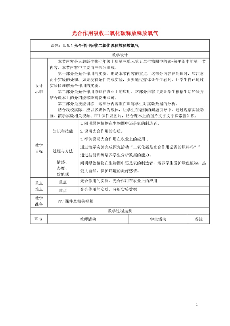 七年级生物上册3.5.1光合作用吸收二氧化碳放出氧气教案新版新人教版20170811267.doc_第1页