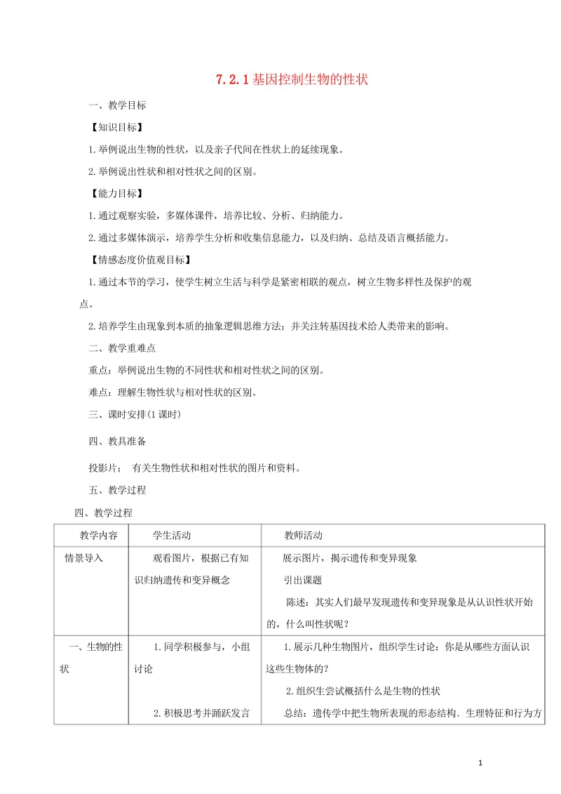 八年级生物下册7.2.1基因控制生物的性状教案新版新人教版20170811222.wps_第1页