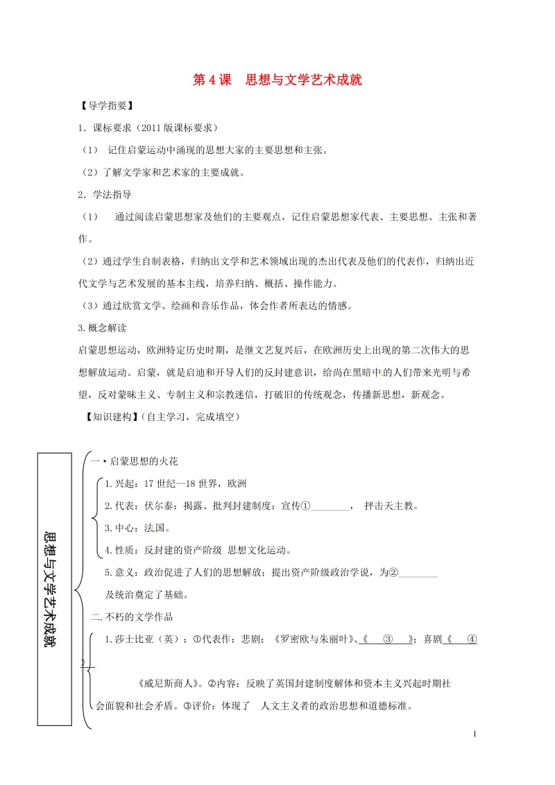 四川省金堂县九年级历史下册第4课思想与文学艺术成就导学案川教版201708014115.doc_第1页