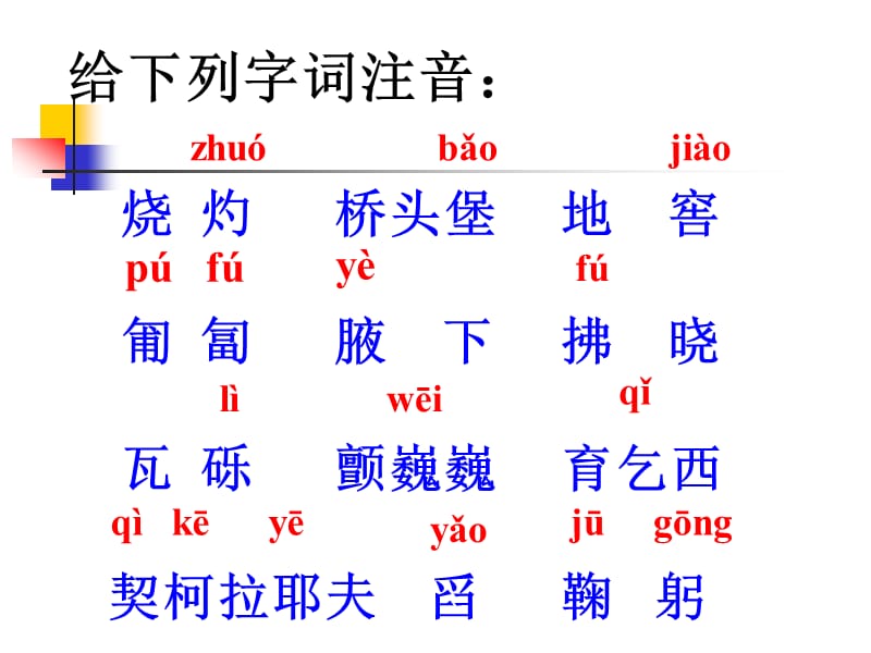 给下列字词注音烧灼桥头堡地窖匍匐腋下拂晓瓦砾.ppt_第2页