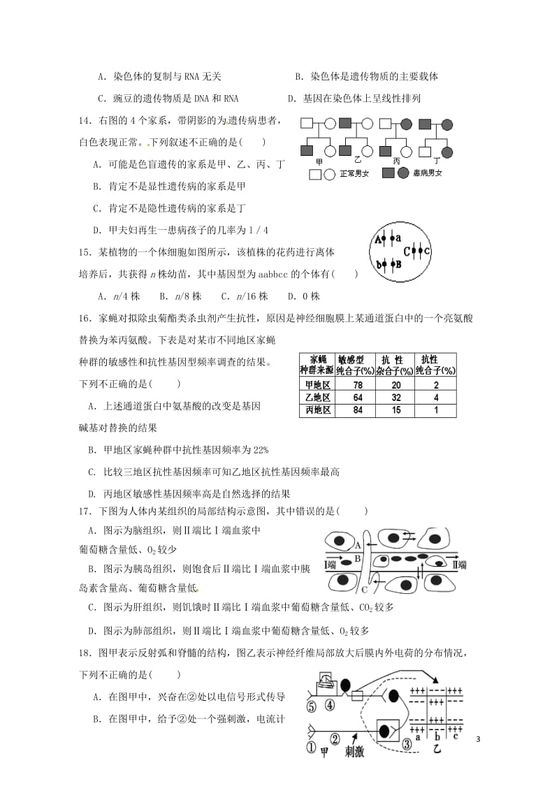 湖南省浏阳市2016_2017学年高二生物下学期升学摸底考试试题201708020184.doc_第3页