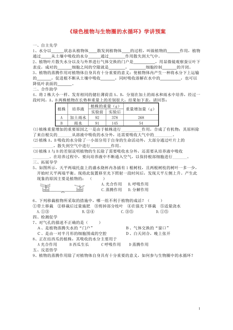 八年级生物上册18.1绿色植物与生物圈的水循环第1课时学案无答案新版苏科版20170804469.doc_第1页