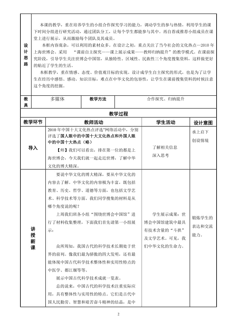 2019年教学设计：博大精深的中华文化精品教育.doc_第2页