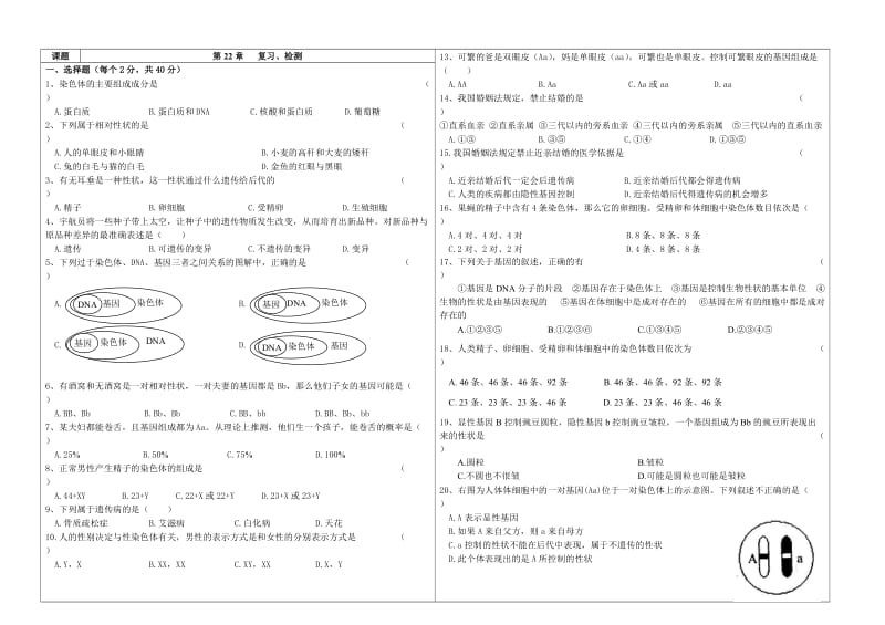 2019年生物：第22章《生物的遗传和变异》单元试题（苏教版八年级下）精品教育.doc_第1页