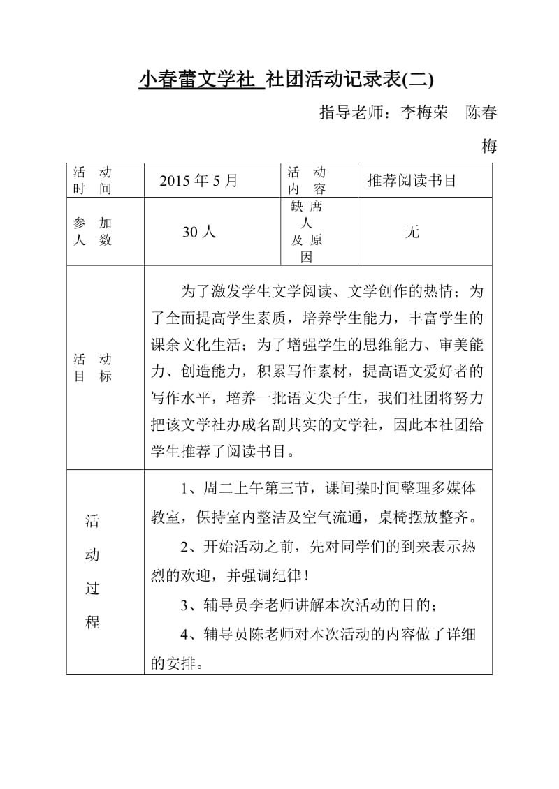 2019年小春蕾文学社社团活动记录表（二）精品教育.doc_第1页