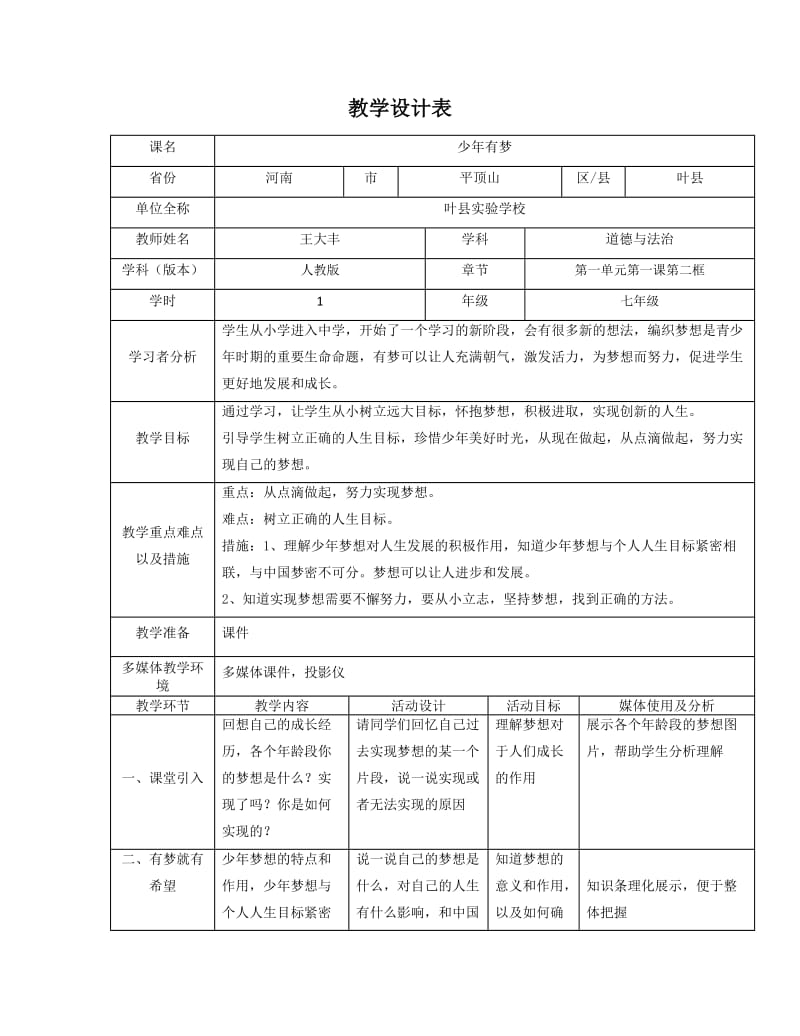 2019年教学设计《少年有梦》精品教育.doc_第1页