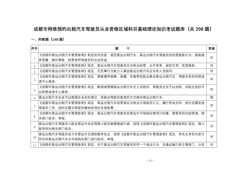 成都市网络预约出租汽车驾驶员从业资格区域科目基础理论知识考试题库.doc_第2页