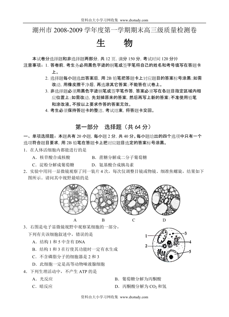 潮州市2008-2009学年度第一学期期末高三级质量检测卷.doc_第1页