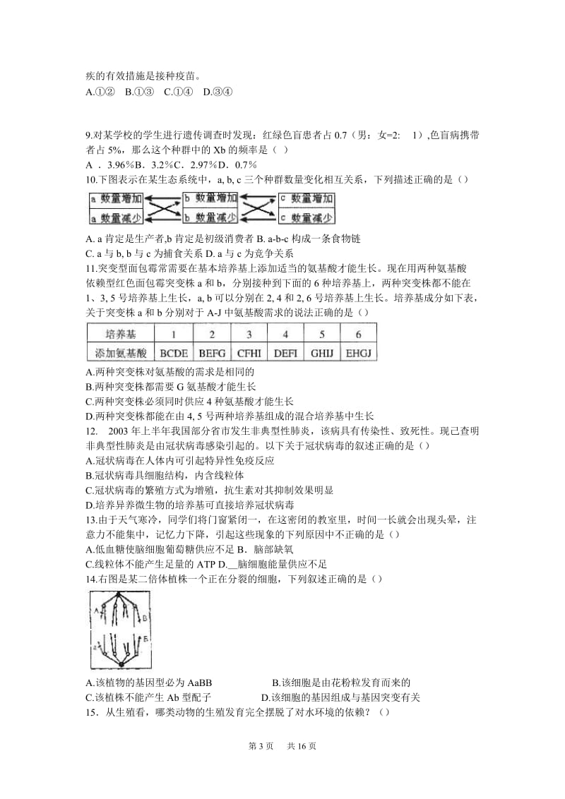 2006年安徽省中学生生物学竞赛预赛试卷及答案.doc_第3页