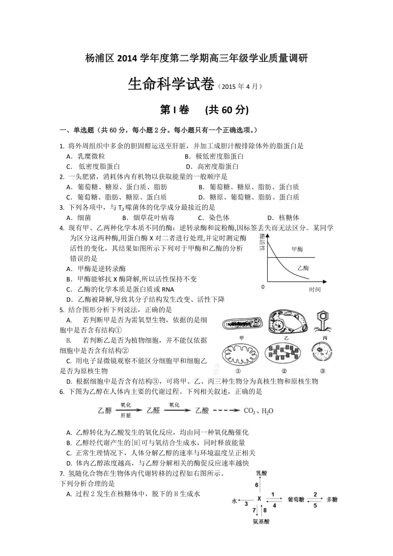 上海市杨浦区2015届高三下学期学业质量调研生物试题Word版含答案.doc_第1页