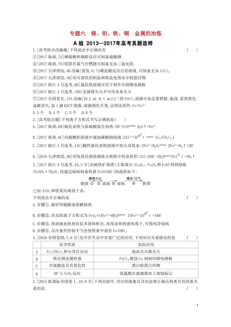 2019年高考化学总复习专题06镁铝铁铜金属的冶炼考题帮练习含解析20190509234.docx_第1页