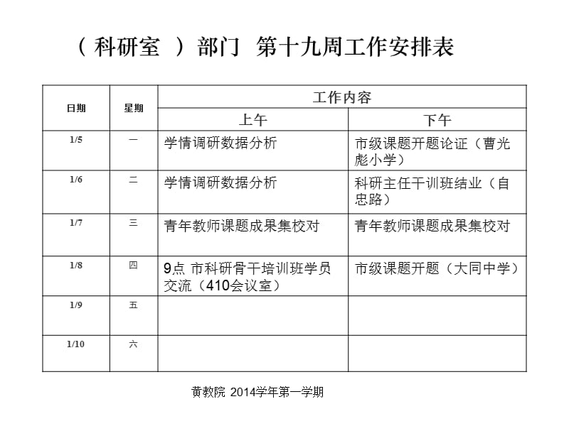 科研室部门第十九周工作安排表.ppt_第1页