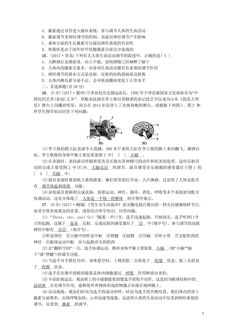 2018届中考生物第15讲人体生命活动的调节复习练习2017091246.wps_第3页