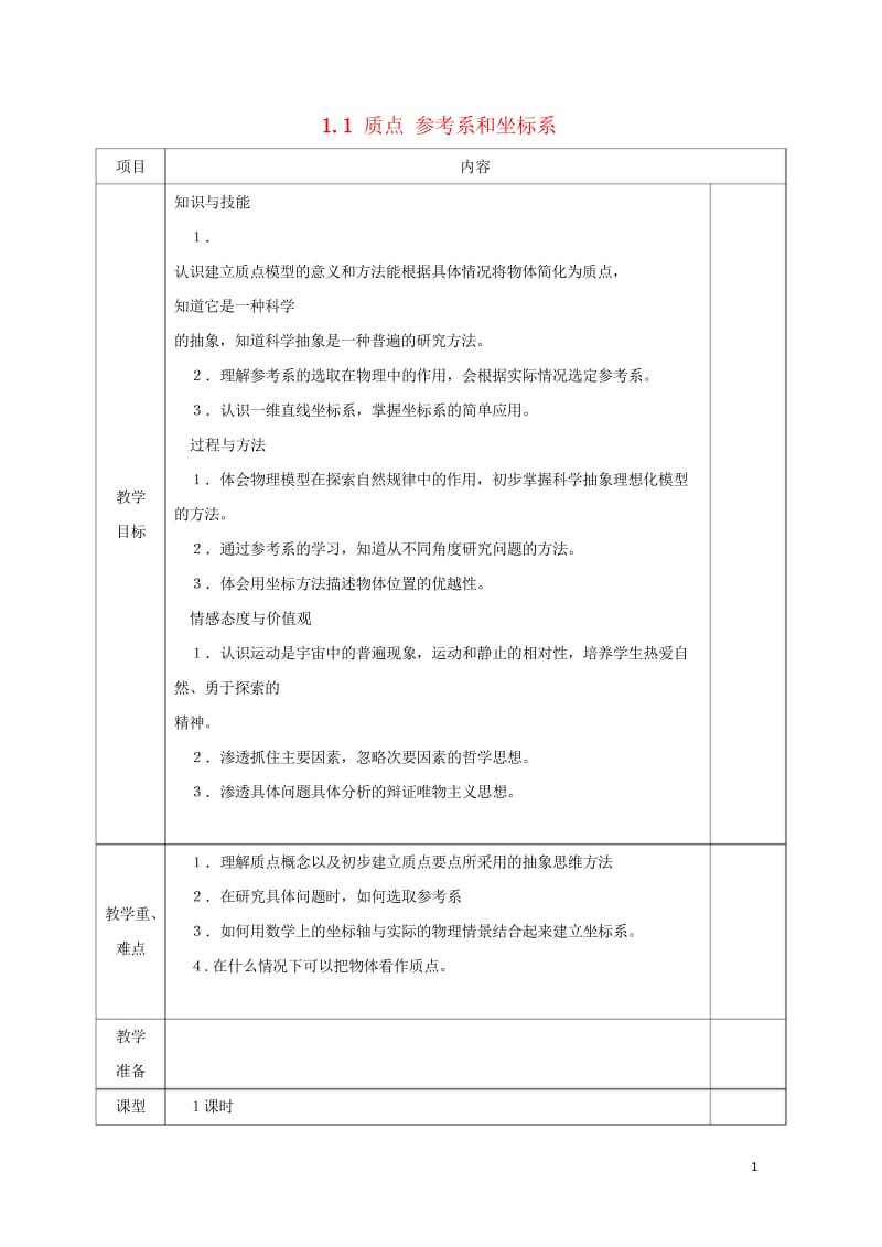 安徽省合肥市高中物理第1章运动的描述1.1质点参考系和坐标系教案新人教版必修120170922470.wps