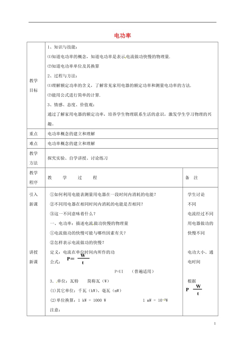 江苏省宿迁市泗洪县九年级物理下册15.2.1电功率教案新版苏科版20170711421.doc_第1页