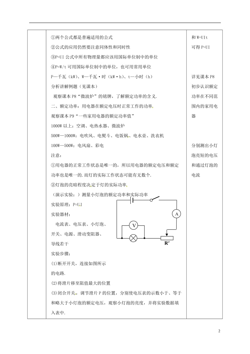 江苏省宿迁市泗洪县九年级物理下册15.2.1电功率教案新版苏科版20170711421.doc_第2页