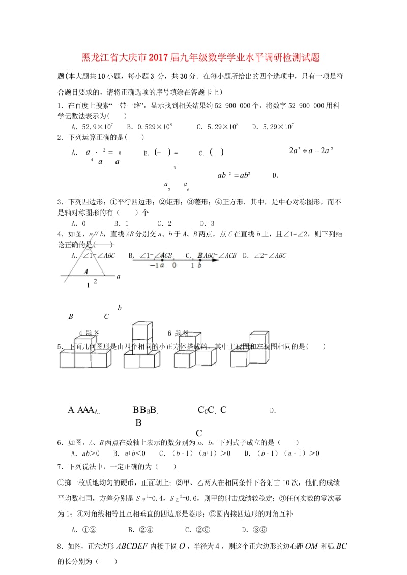 黑龙江省大庆市2017届九年级数学学业水平调研检测试题无答案20170731181.wps_第1页