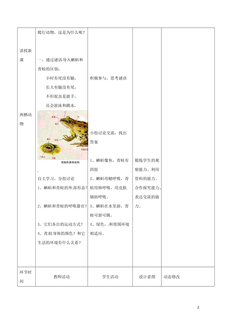 吉林省双辽市八年级生物上册第五单元第一章第五节两栖动物和爬行动物第1课时教案新版新人教版201707.doc_第2页